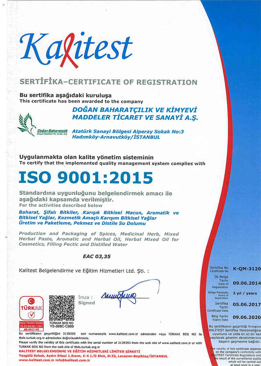 Kalitest iso 9001:2015 Kalite Yönetim Sistemi Sertifikası - Doğan Baharat